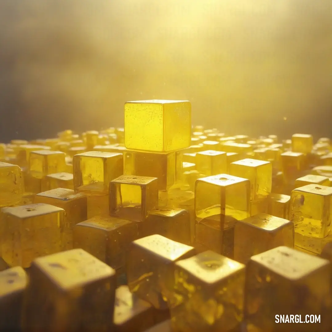 Large group of yellow cubes in the middle of a field of yellow cubes in the sun. Example of CMYK 5,0,55,0 color.