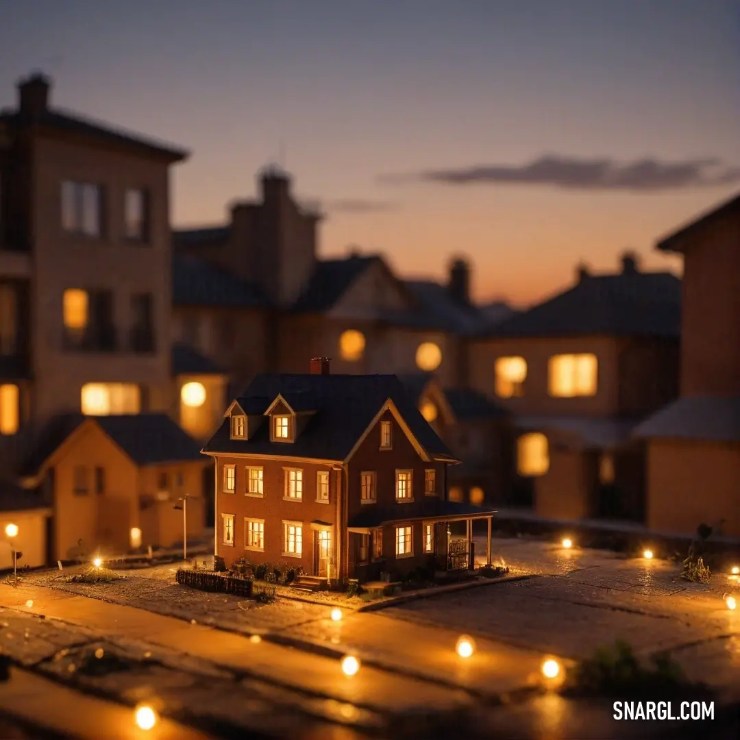 An enchanting night scene featuring a model house aglow with inviting lights, standing proudly in front of a row of similar houses, all under a starry sky. Drenched in the sunny warmth of PANTONE 602, this image radiates a sense of coziness.