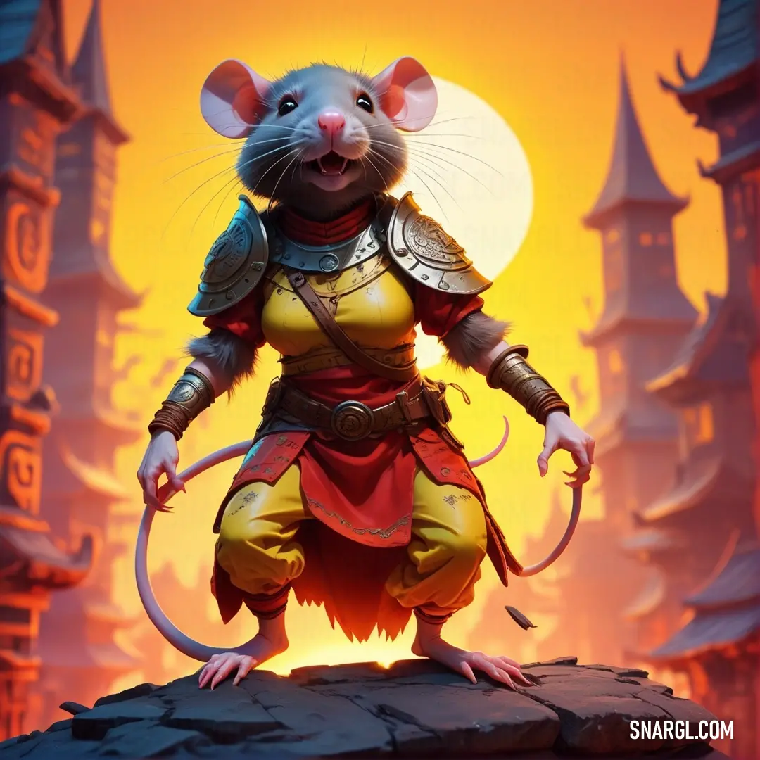 Rat in a costume standing on a rock in front of a sunset and castle like setting with a full moon. Example of CMYK 5,0,55,0 color.