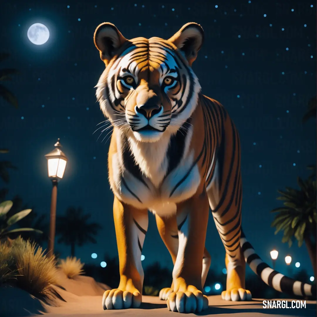 A majestic tiger stands poised on a nighttime sidewalk, illuminated by the glow of a streetlight. The striking RGB 237,232,138 tones emphasize the wild elegance of this magnificent creature as it gracefully surveys its urban surroundings.