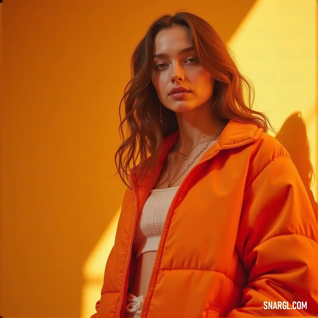 A confident woman in a stylish orange jacket stands gracefully against a backdrop of a sunny yellow wall, bathed in soft golden light that accentuates her elegance and the bright hues around her. Color reference: PANTONE 602.