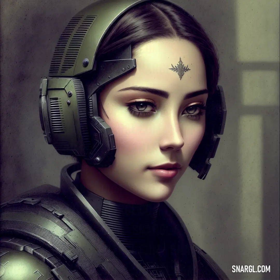 A woman wears a futuristic helmet, her expression intense as she looks toward the horizon. The sci-fi elements blend with a soft yellow hue, creating a sense of mystery and adventure in an otherworldly setting.