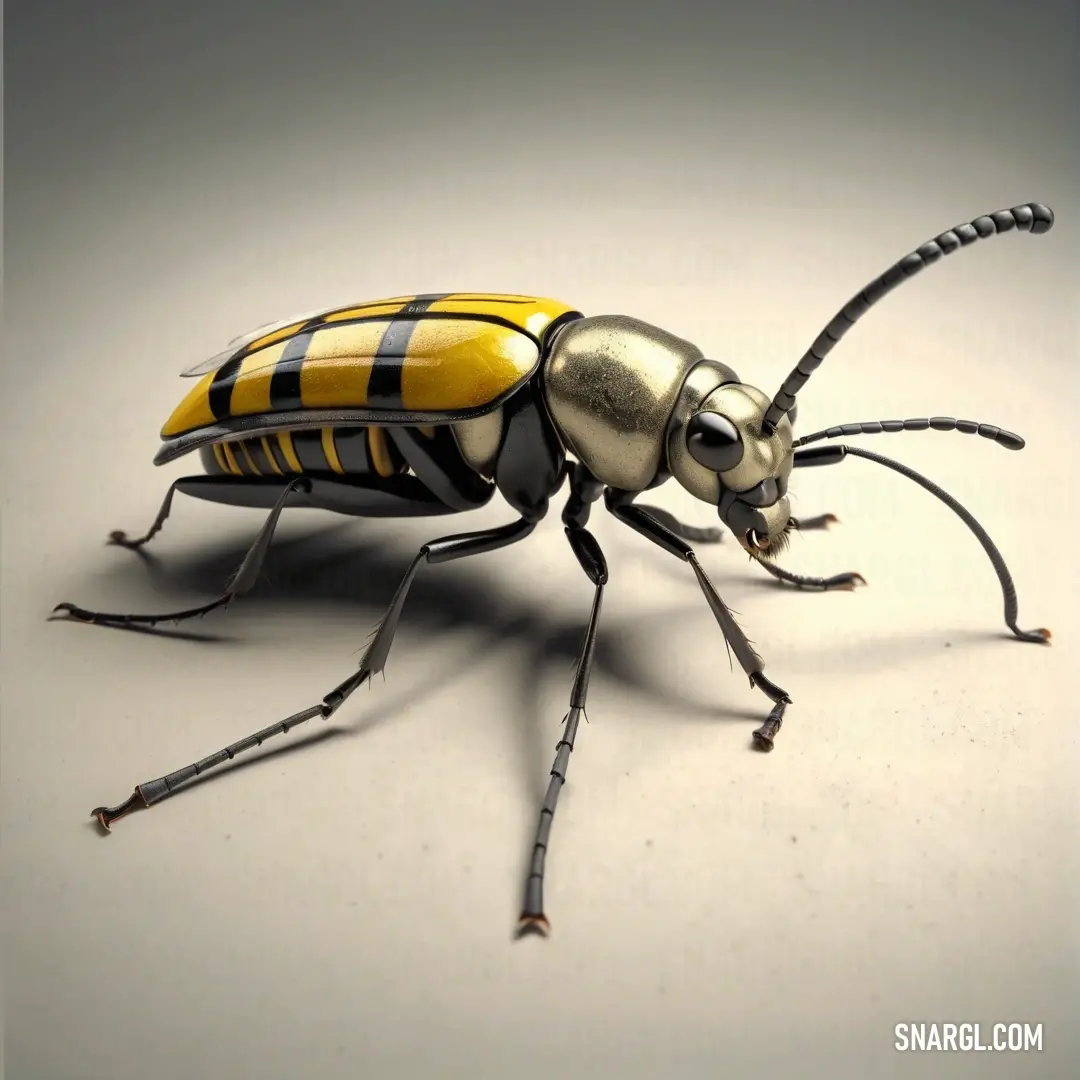 A striking yellow and black insect rests on a clean white surface, showcasing its vivid colors and intricate patterns. The creature's black-striped head and legs add to its remarkable appearance, highlighting the beauty of nature's designs in color CMYK 5