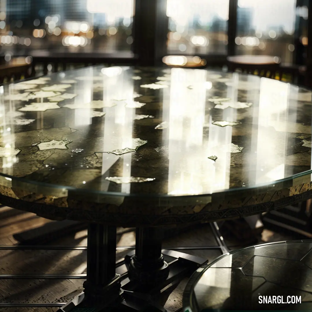 A sleek table with a transparent glass top stands next to a clock in a sunlit room, where large windows let in natural light. The gentle, subdued colors and reflections create a serene, modern ambiance.