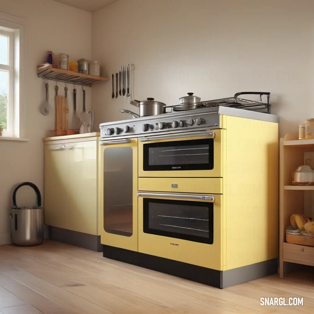 A cheerful yellow stove and oven set in a kitchen, accompanied by shelves and a pot rack. The lively PANTONE 602 color creates a bright, welcoming atmosphere in the kitchen.