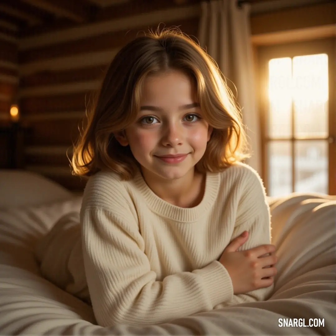 A young girl, radiating joy, smiles at the camera while lying on a bed with her arms crossed and eyes closed, embodying innocence and happiness, set against a cozy and inviting bedroom backdrop.