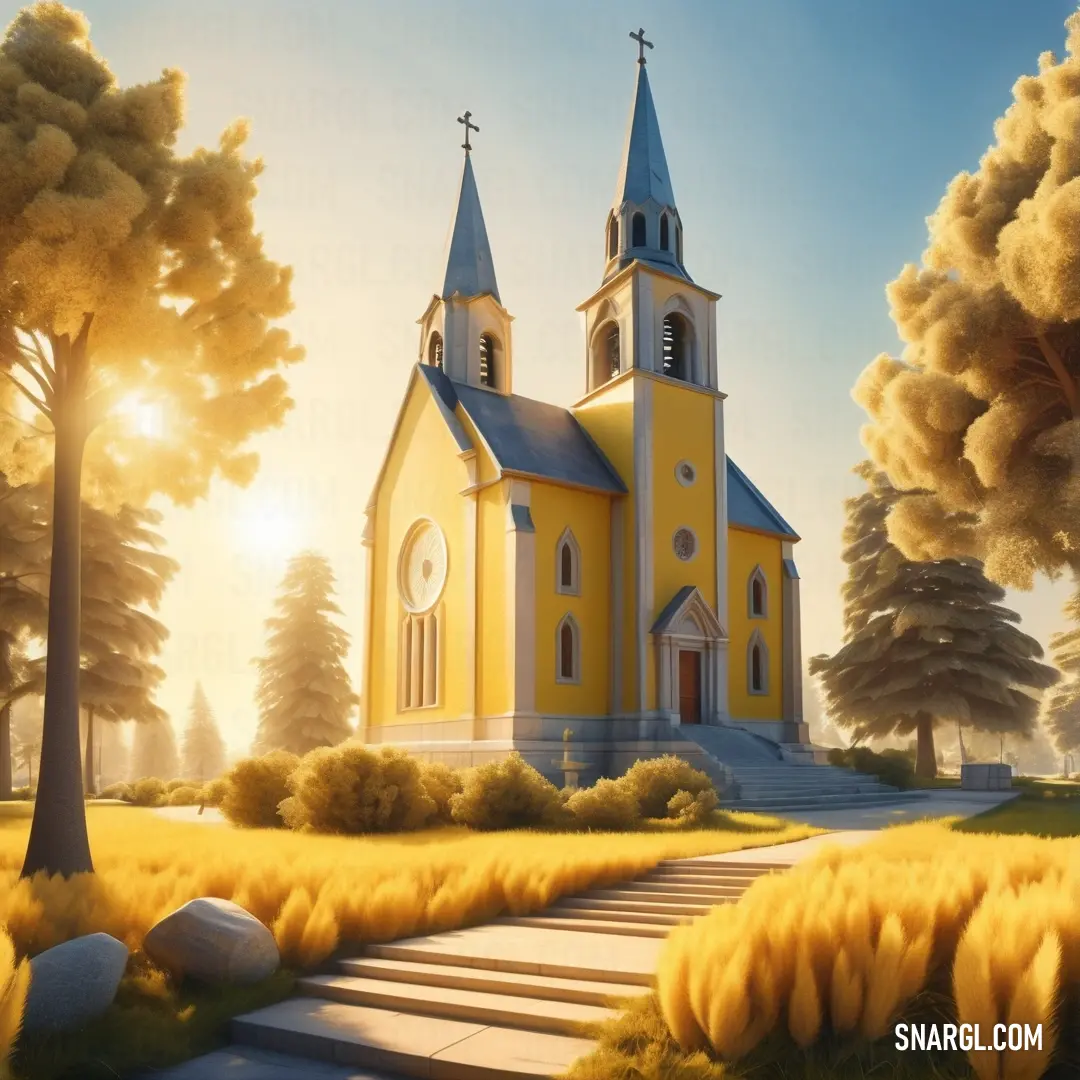Painting of a church with a pathway leading to it and trees in the background with sun shining through the clouds