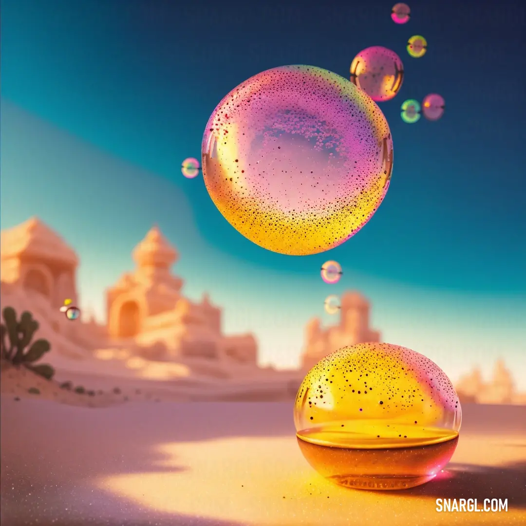 Bubble filled bowl with bubbles floating in the air next to a desert landscape with a cactus and a building