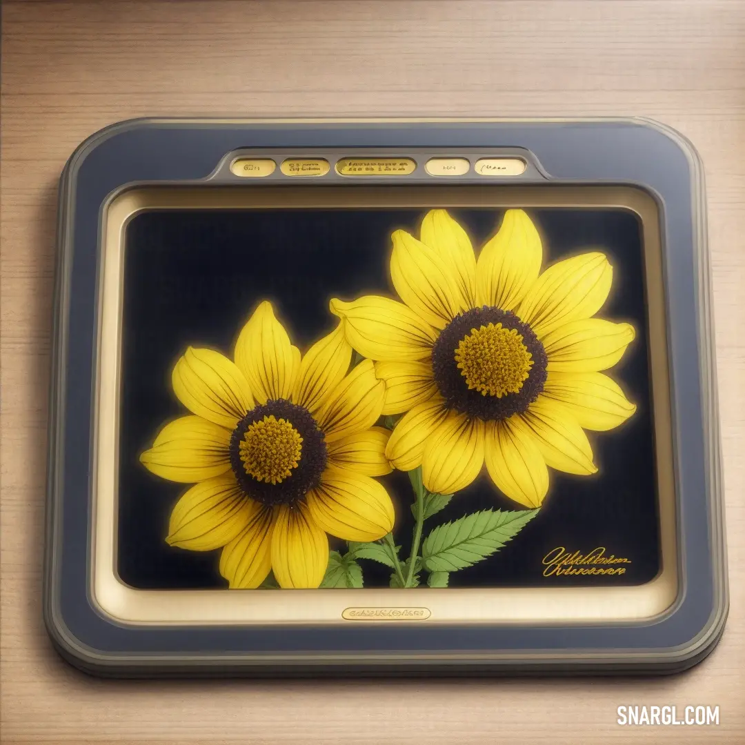 Picture of a yellow flower on a black and white plate with a yellow center and green leaves on it. Color #EFE32A.