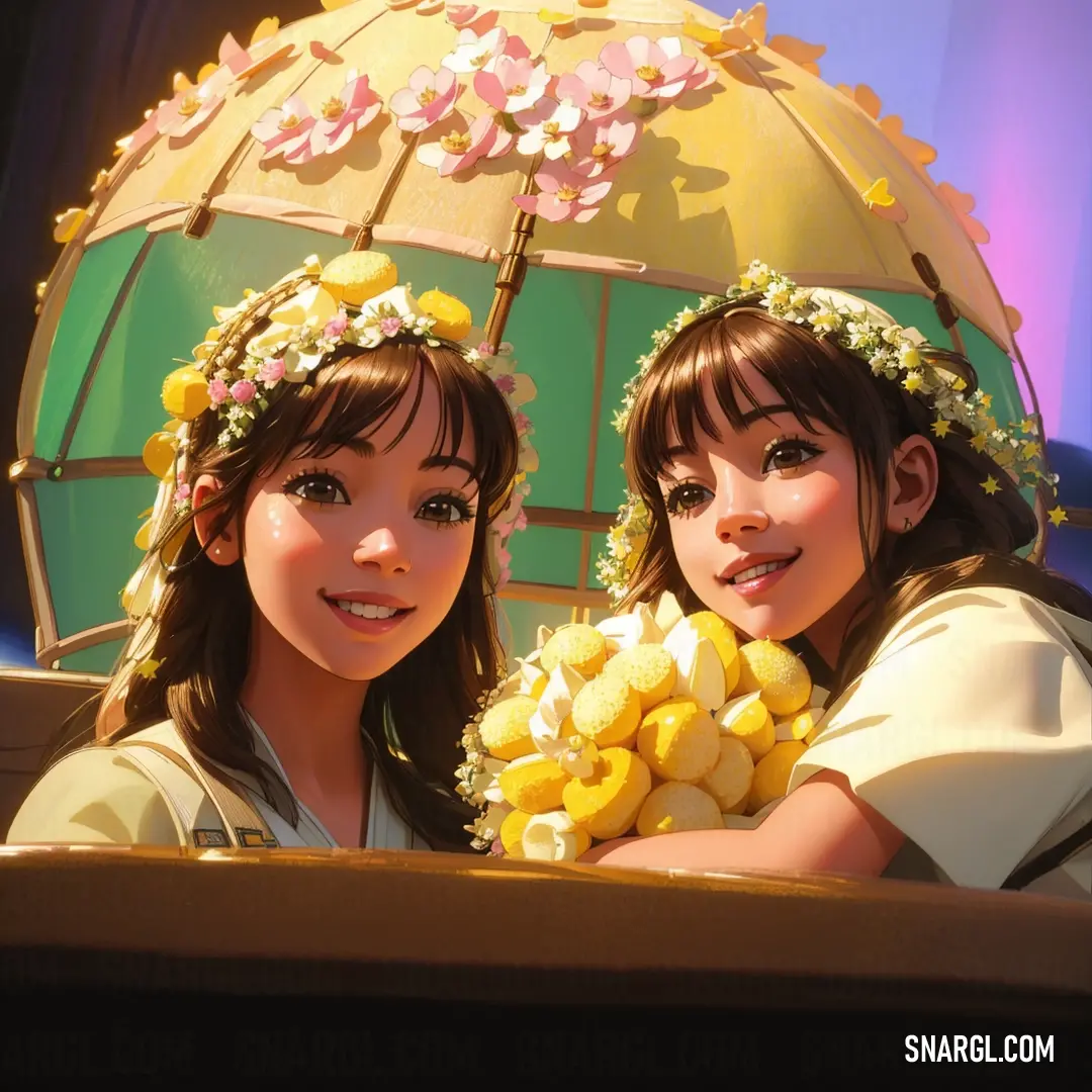 Two girls are holding flowers in their hands and posing for a picture together in front of a large umbrella. Color PANTONE 604.
