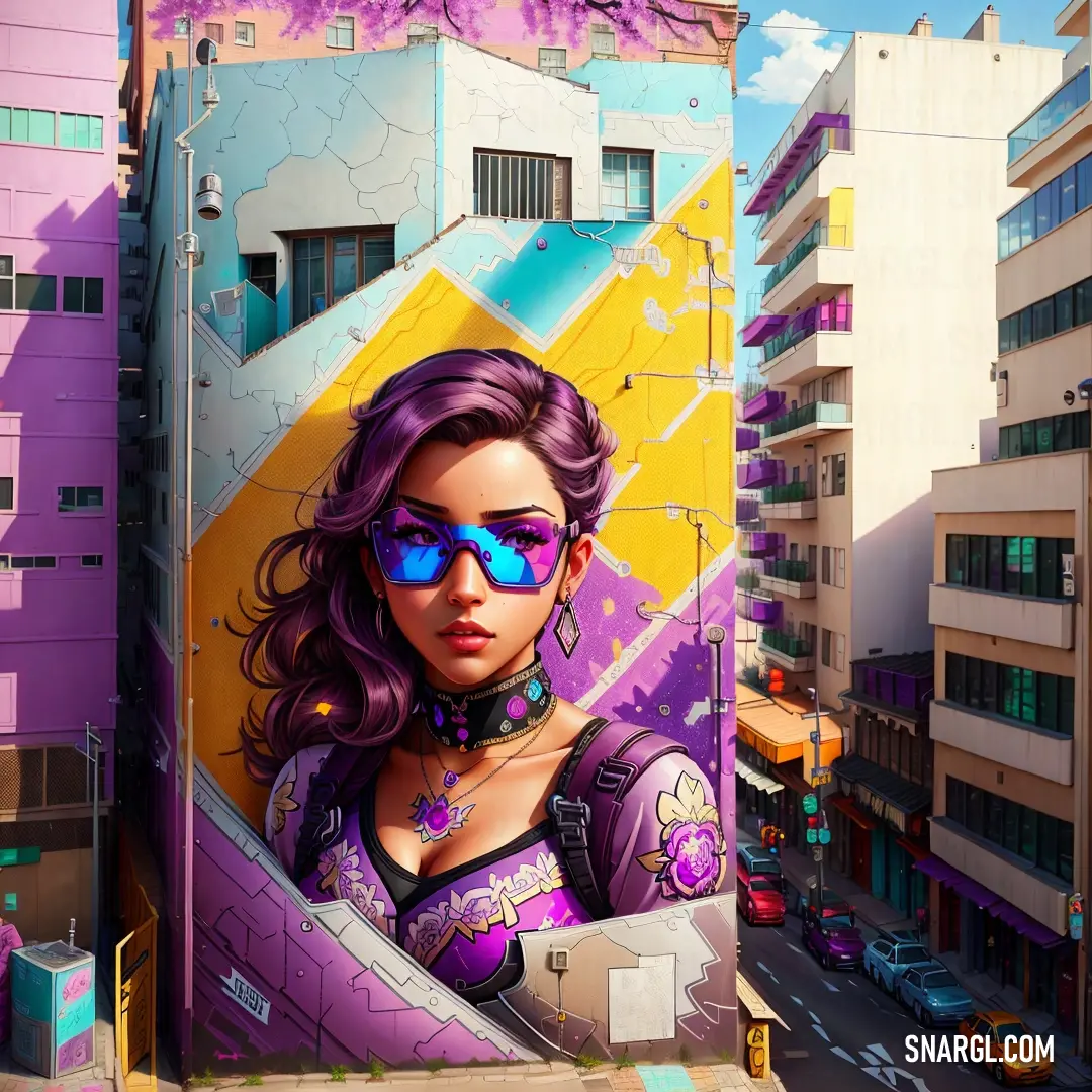 Woman with sunglasses on her head and a purple background is painted on a building wall with a mural of a woman in a purple outfit