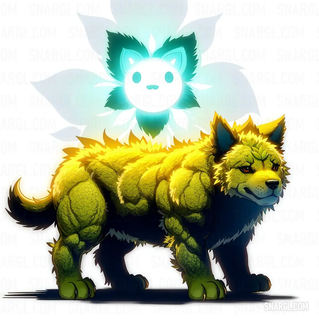 Cartoon of a furry dog with a glowing sun behind it's head and a glowing sun above it. Example of CMYK 0,2,100,9 color.