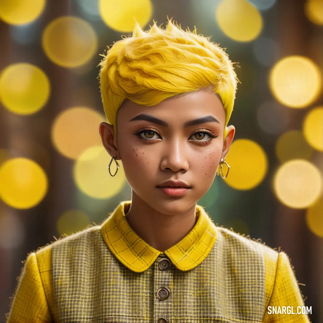 Digital painting of a woman with yellow hair and earrings on her head. Color #E6CF00.