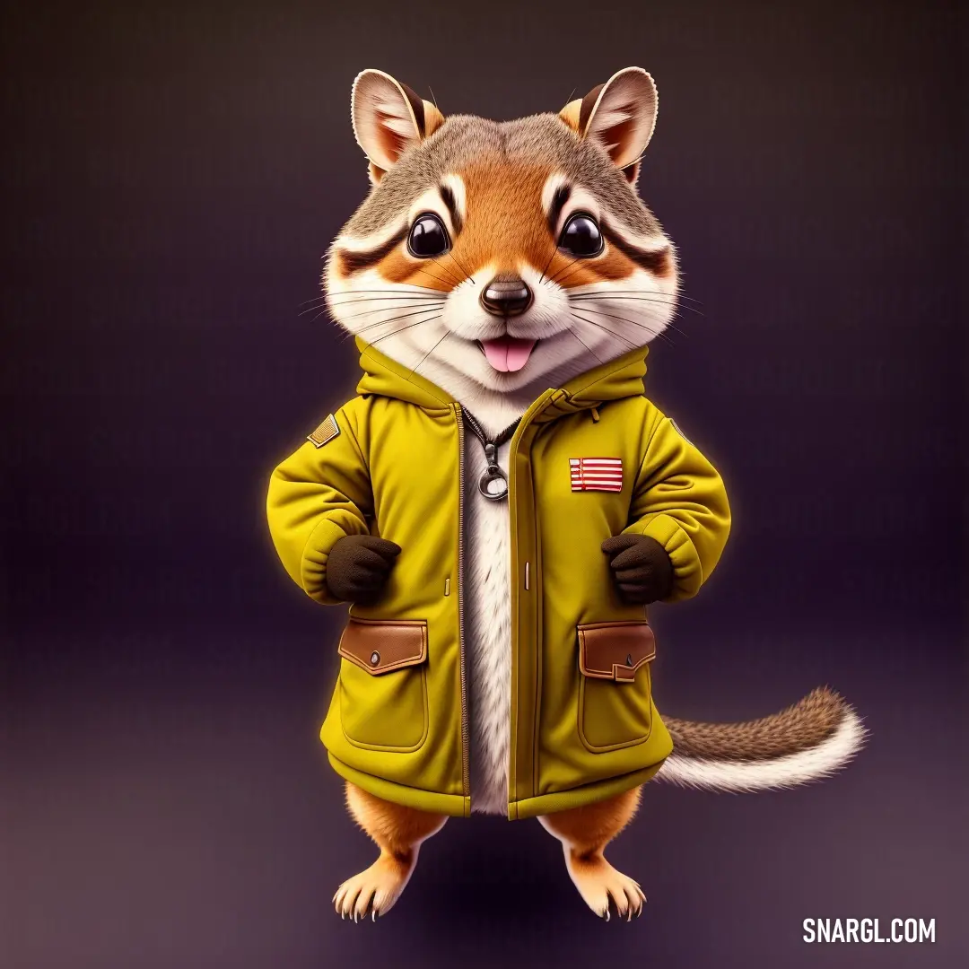Raccoon wearing a yellow jacket and a white tie and standing on one leg with his hands in his pockets. Example of CMYK 0,2,100,9 color.