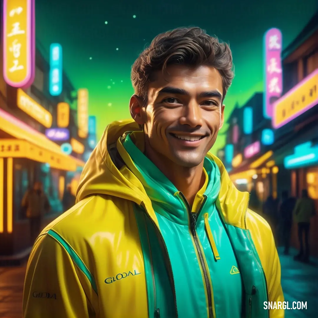 Man in a yellow jacket is smiling at the camera in a neon city at night with neon lights. Color #D9BE00.