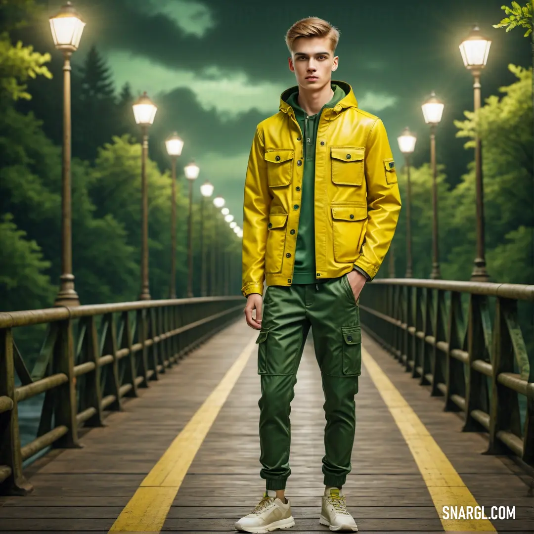 Man in a yellow jacket and green pants standing on a bridge at night with a lampposted walkway. Example of CMYK 0,6,100,16 color.