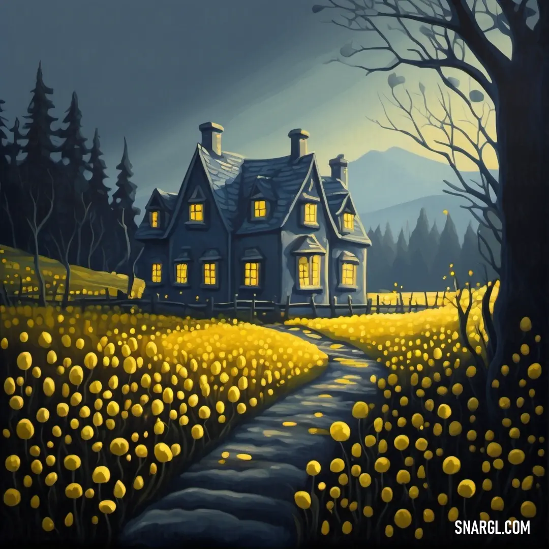 Painting of a house in a field of flowers at night with a path leading to it and a path leading to the house. Color #D9BE00.