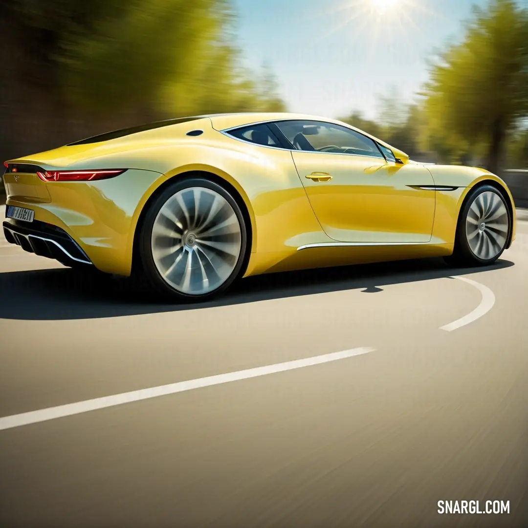 Yellow sports car driving down a road with trees in the background. Color PANTONE 606.