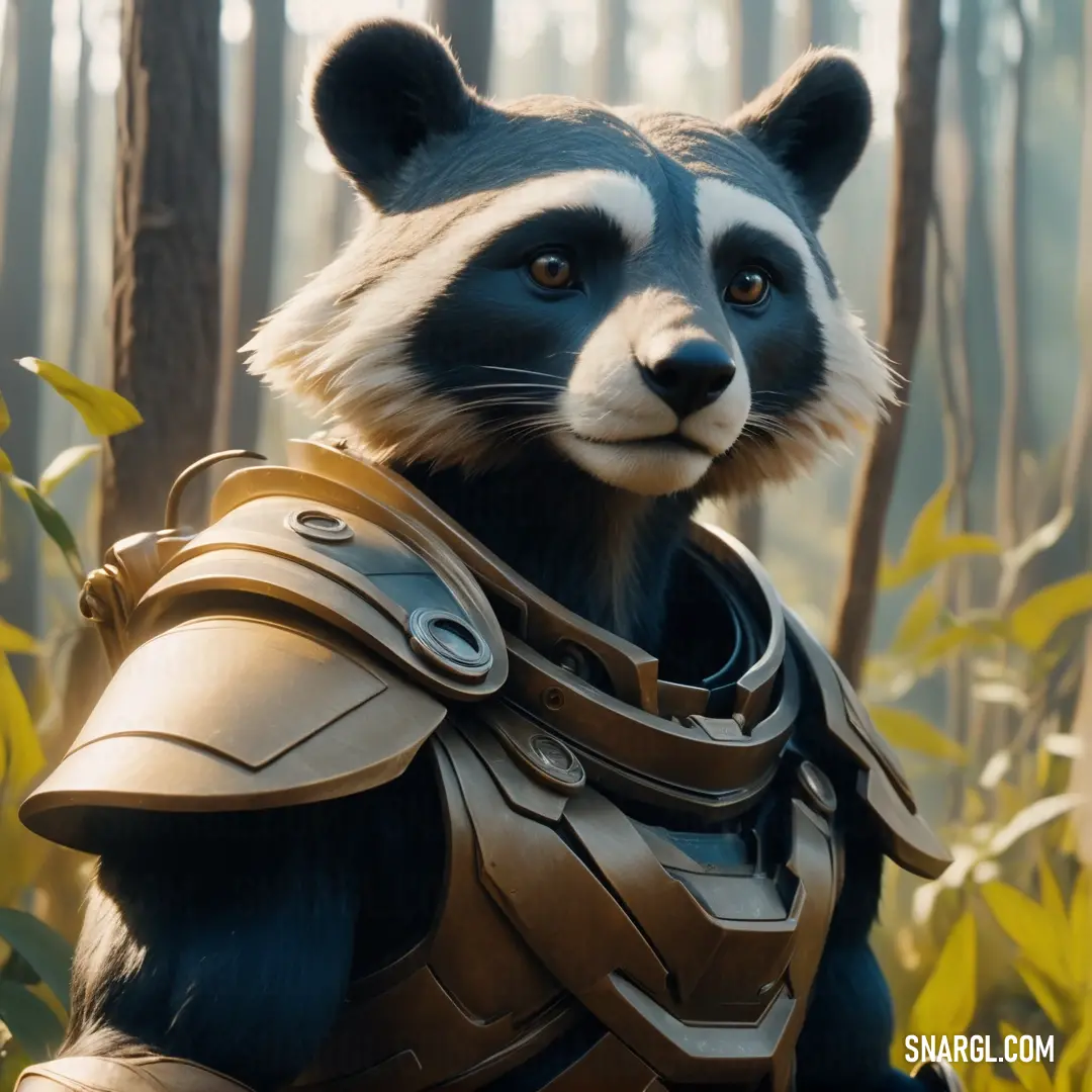 Raccoon dressed in armor in a forest with trees and bushes in the background. Color PANTONE 607.