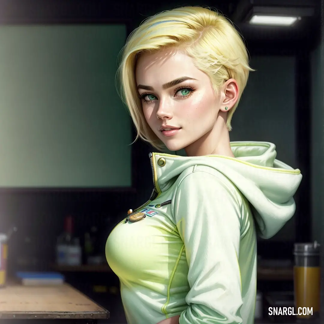 Woman with blonde hair and green eyes is standing in a kitchen with a counter top and a counter. Color PANTONE 608.