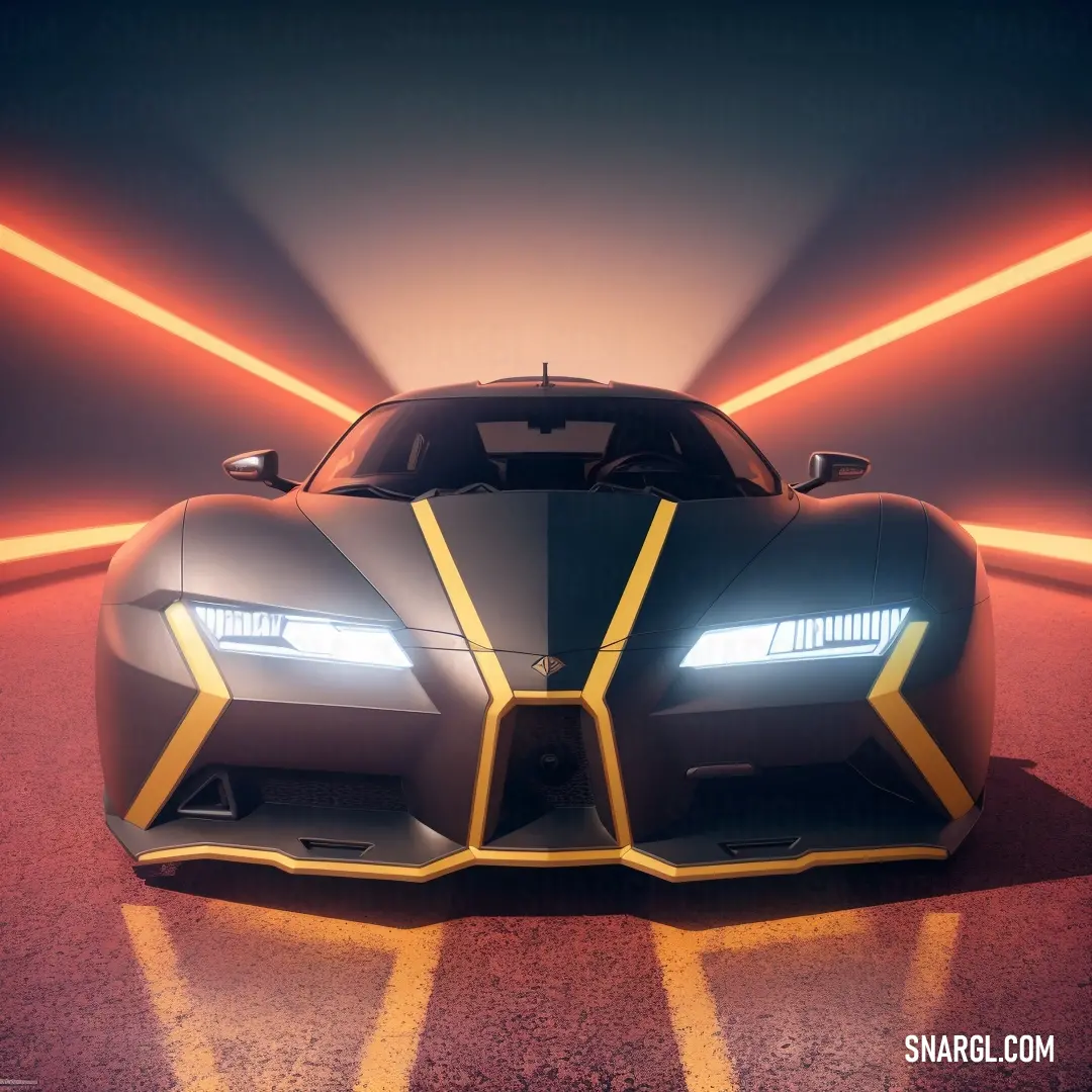 Futuristic car with yellow stripes on the front of it in a parking lot with a bright light coming from behind it