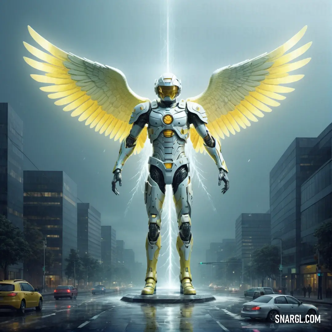 Futuristic man with wings standing in the middle of a city street at night with a car passing by. Color RGB 233,227,123.