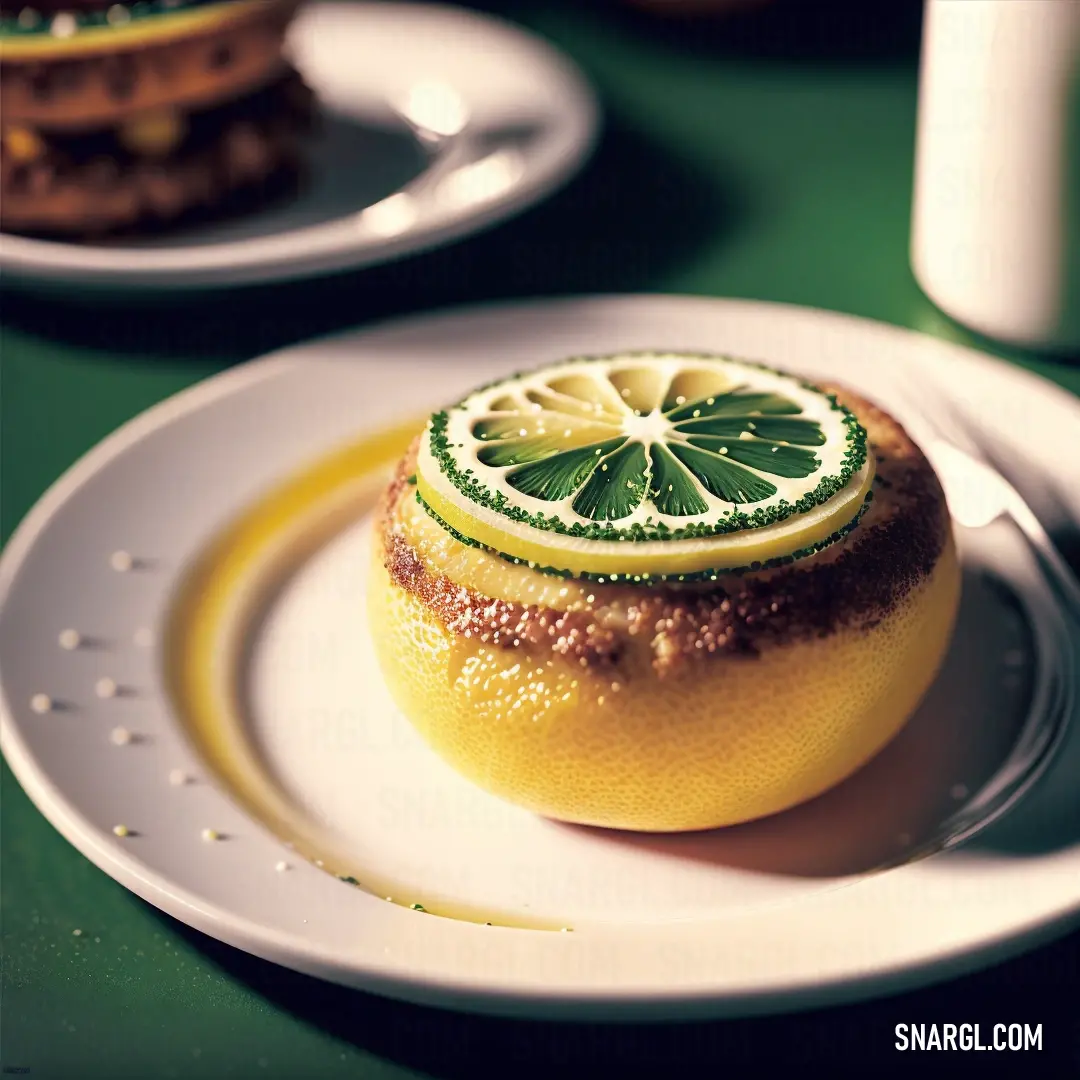 Plate with a lemon and a slice of lime on it on a table with a cup of coffee. Example of PANTONE 609 color.