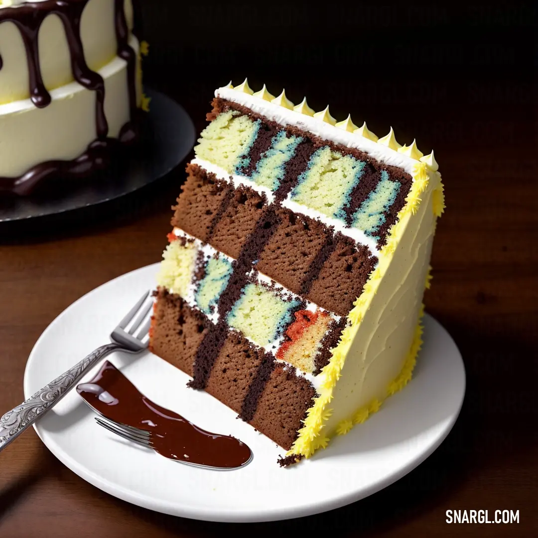 PANTONE 609 color. Slice of cake on a plate with a fork and knife next to it on a table with a chocolate sauce