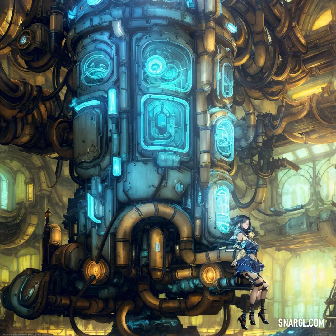 Woman standing in front of a giant machine in a futuristic city with pipes and pipes running through it. Color CMYK 6,0,55,1.