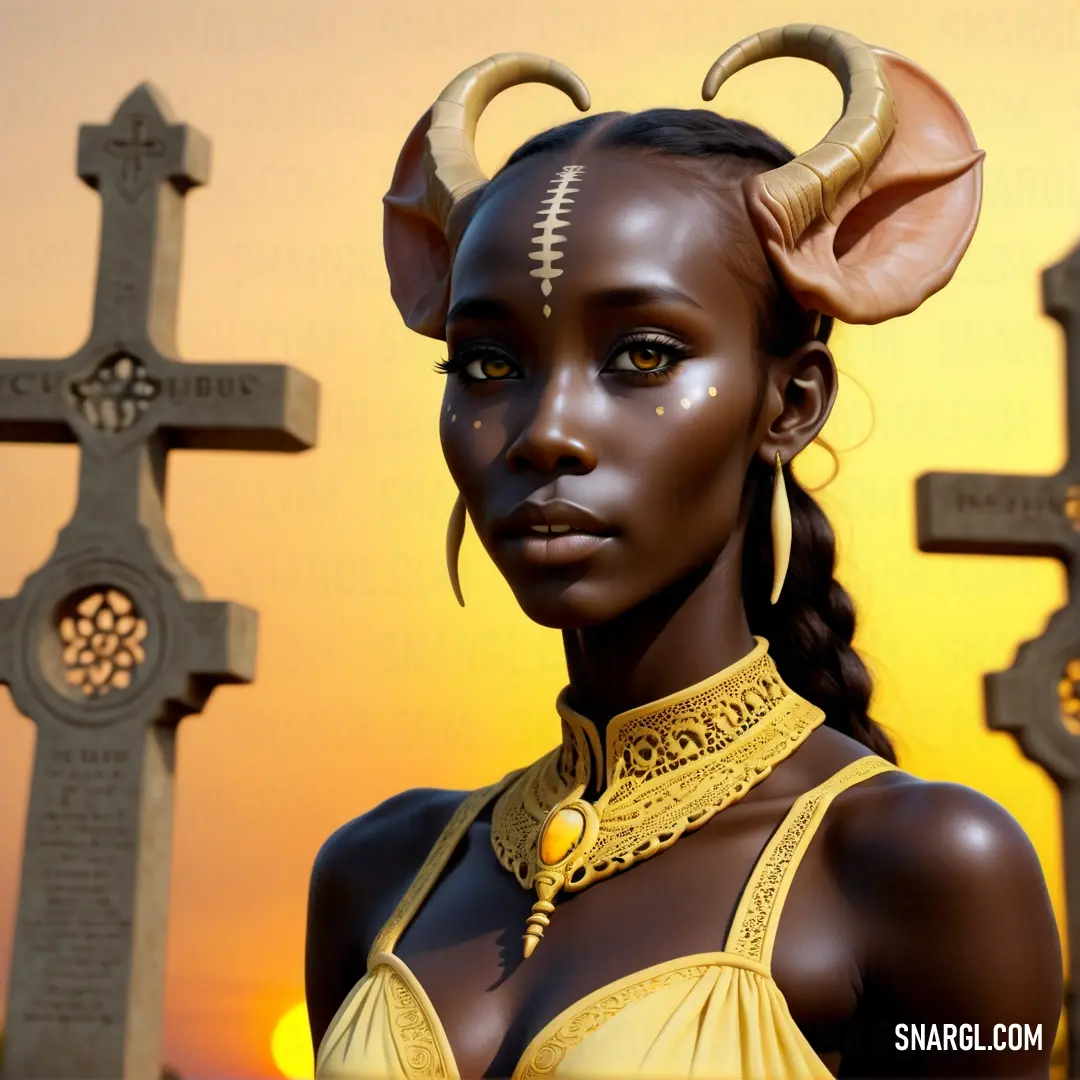 Woman with horns and a necklace in front of a cross and a sun setting behind her head and a cross. Color CMYK 6,0,55,1.