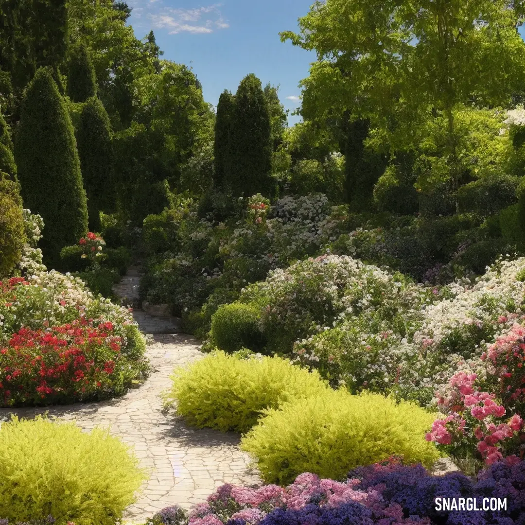 PANTONE 610 color example: Garden with a path surrounded by flowers and trees in the background