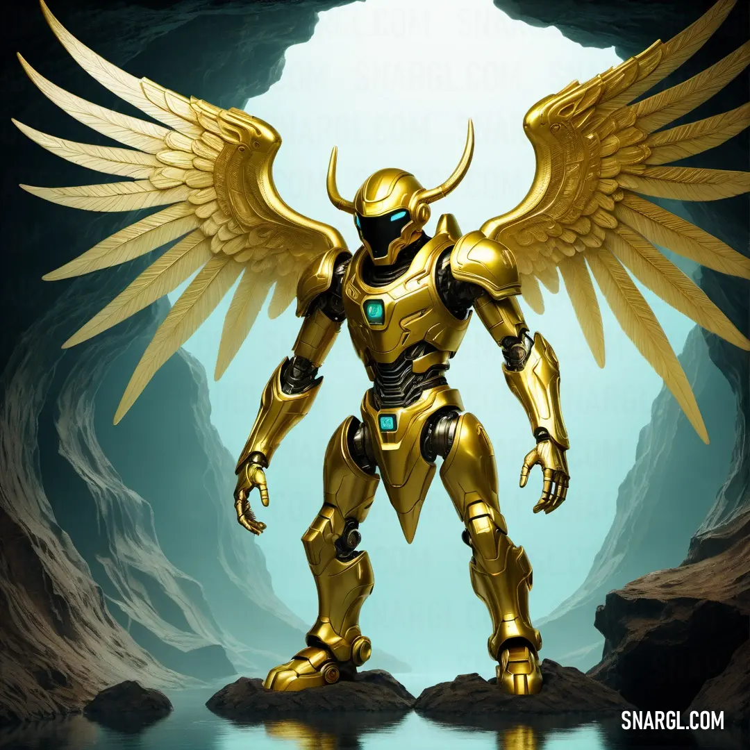 Golden robot with wings standing in a cave with a blue background. Example of RGB 228,217,85 color.