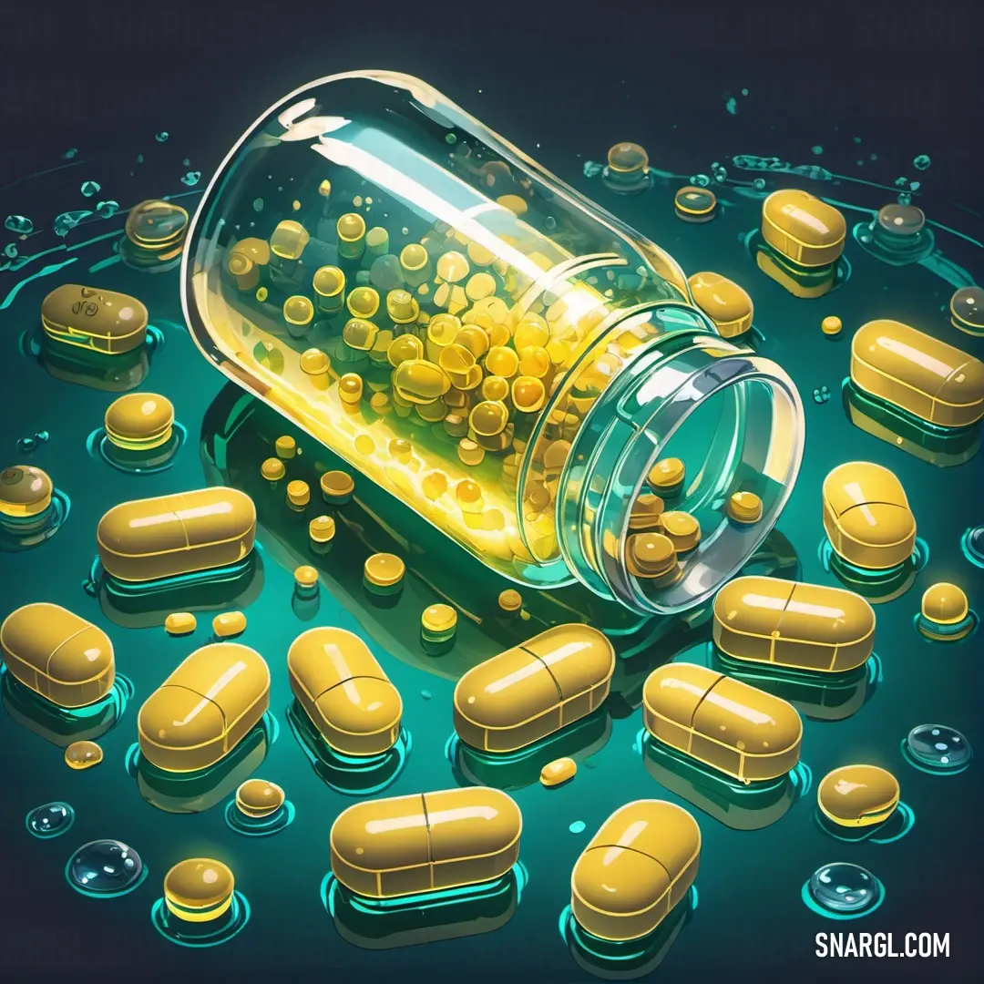 Jar filled with yellow pills on top of a table next to a pile of yellow pills on top of a table. Color RGB 228,217,85.
