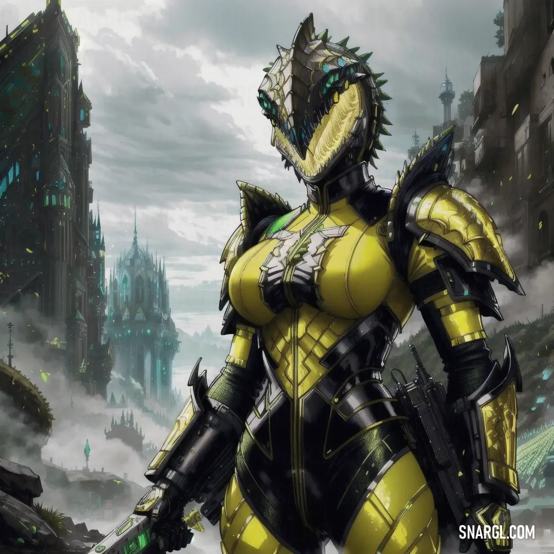 Woman in a yellow and black suit with a gun in her hand and a city in the background. Color PANTONE 610.