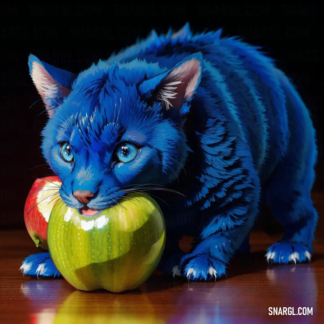 PANTONE 611 color example: Blue cat is eating an apple on a table with a black background