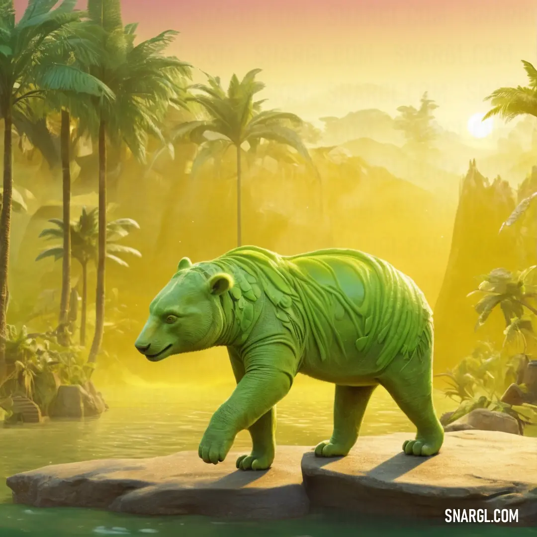 PANTONE 611 color. Green bear standing on a rock in a jungle setting with palm trees and a river in the foreground