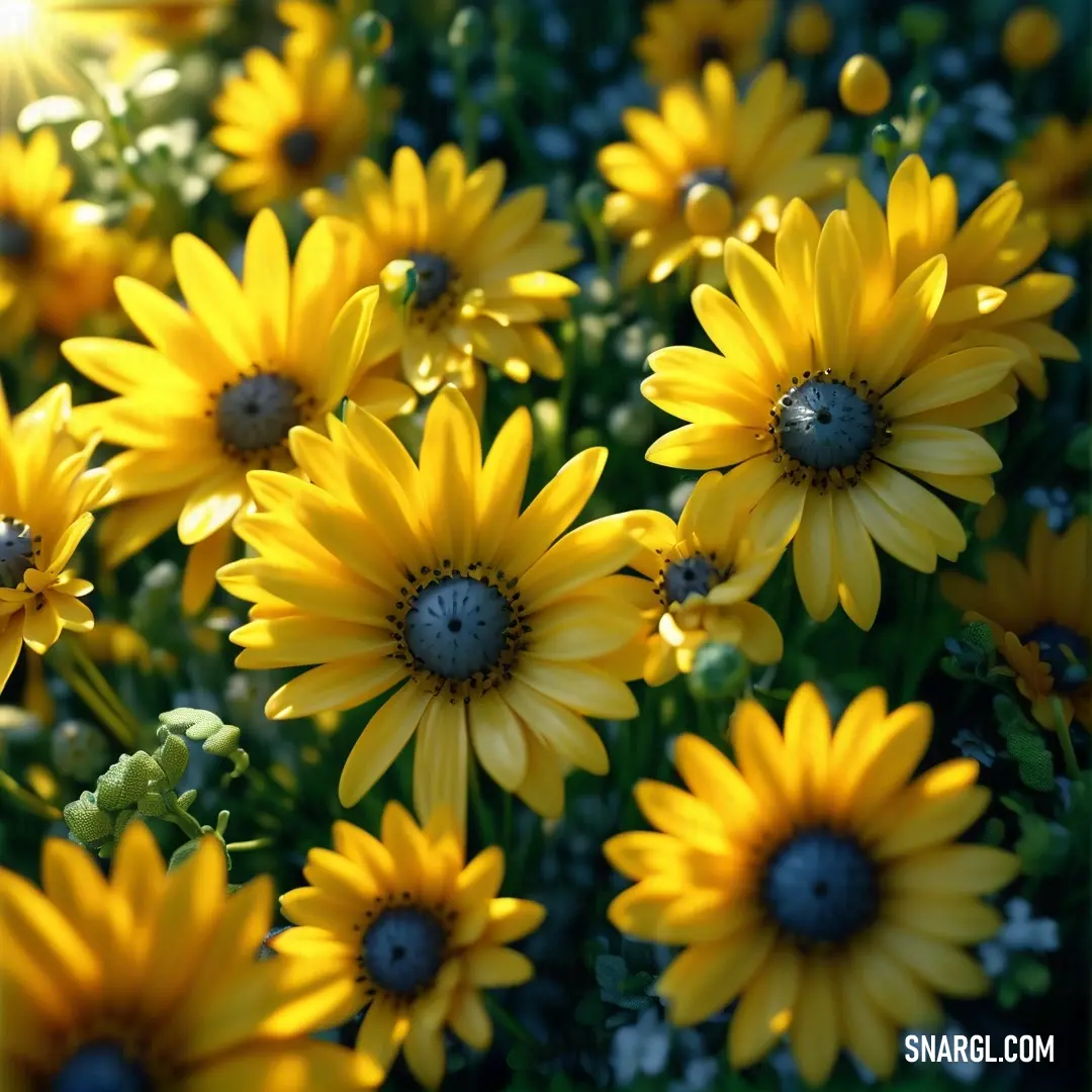 Bunch of yellow flowers with the sun shining through them and some water droplets on them. Color RGB 188,167,5.