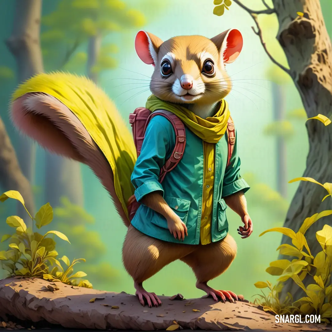 Cartoon picture of a squirrel with a backpack on his back and a backpack on his back. Example of CMYK 8,11,100,28 color.