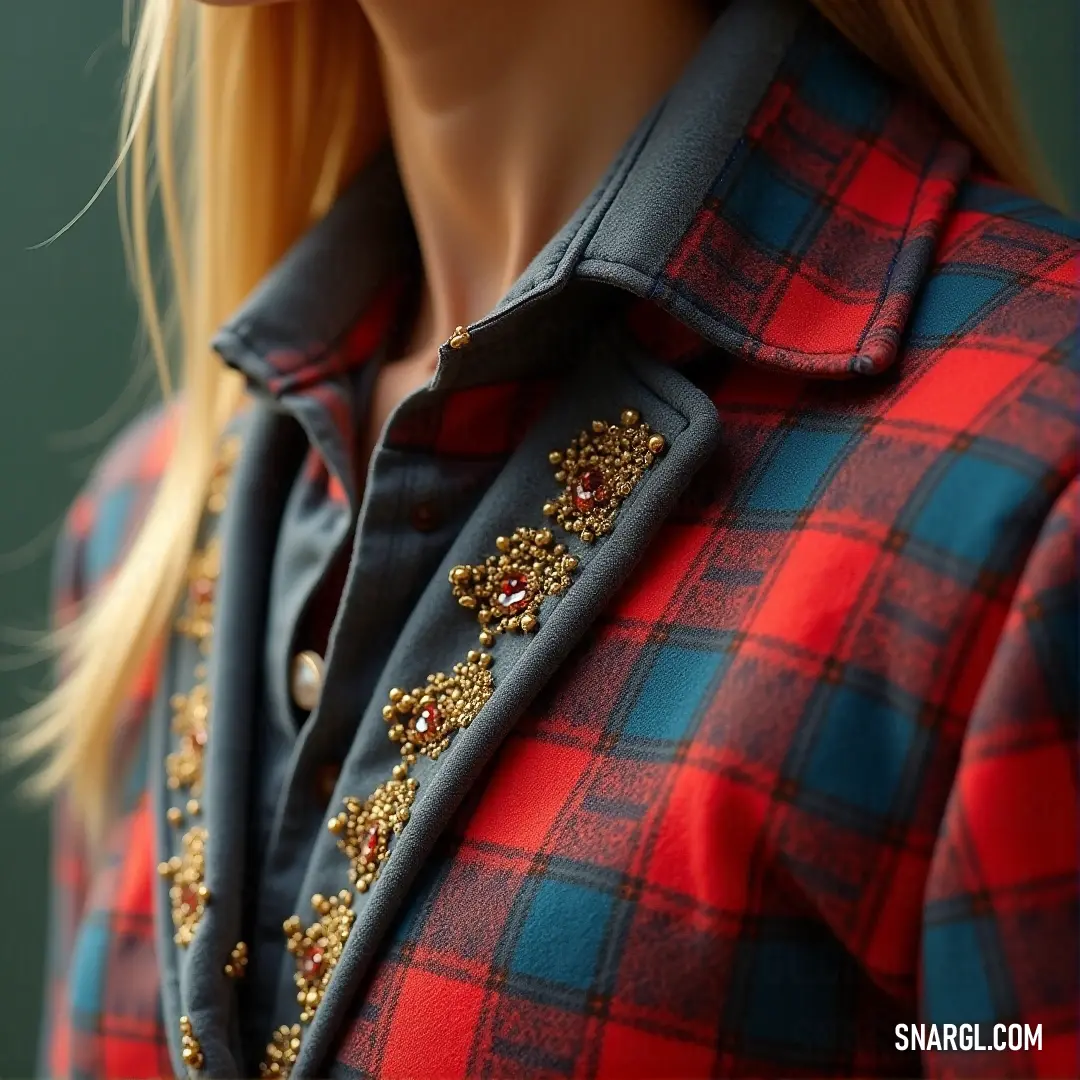 A cute doll dressed in a red and blue plaid coat, complete with a gold brooch, stands against a soft background. Her detailed outfit and the rich color palette of the coat make her an endearing figure.