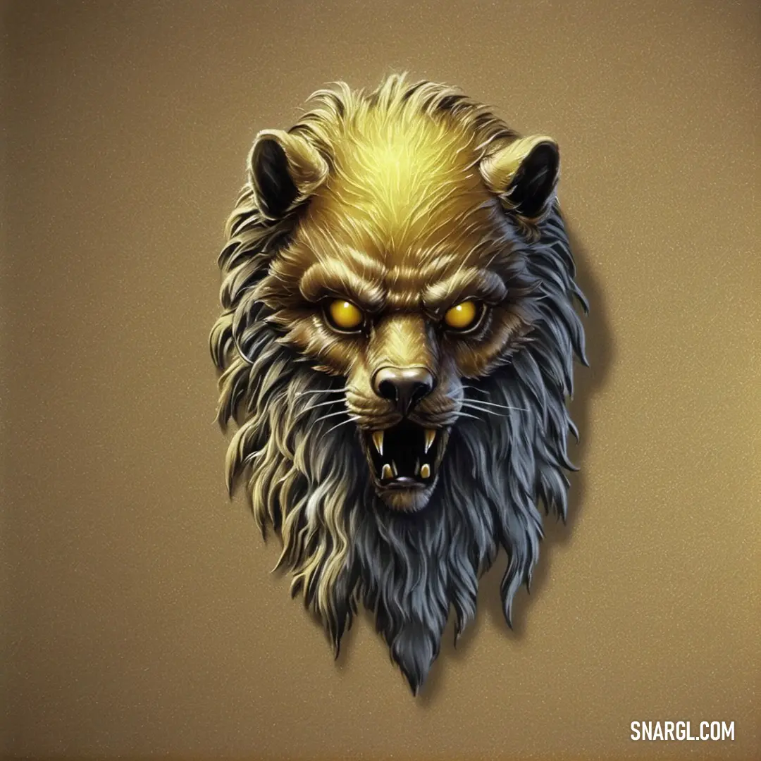 Drawing of a bear's head with yellow eyes and a furry mane on a brown background. Color PANTONE 617.
