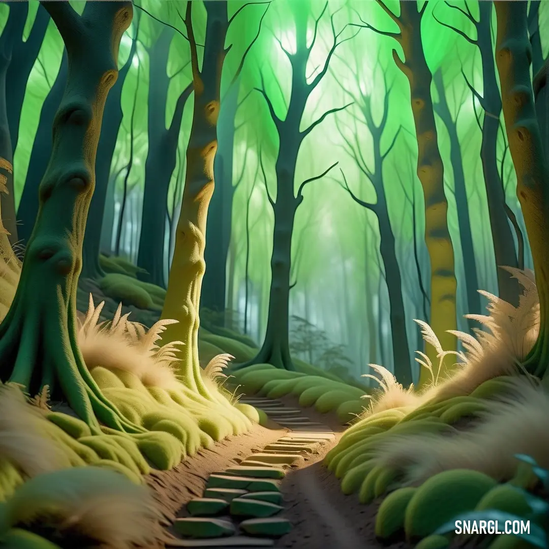 Painting of a path through a forest with trees and grass on either side of it. Example of PANTONE 617 color.