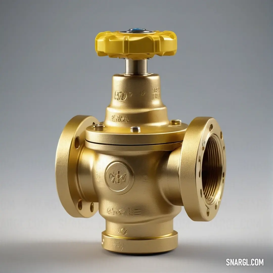 A close-up of a brass-colored valve with a yellow handle against a sleek gray background. The contrast of the metallic valve and the vibrant yellow handle adds an industrial yet vibrant touch to the setting.