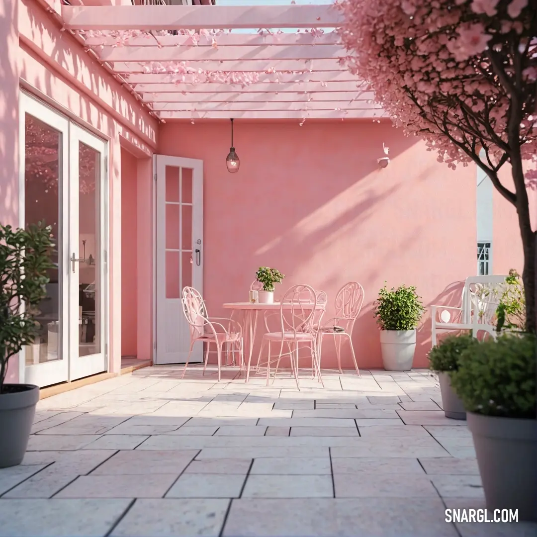 An inviting patio scene showcasing a stylish table adorned with chairs, framed by a charming pink wall that features a pristine white door and windows, radiating warmth through color #CDC26C.