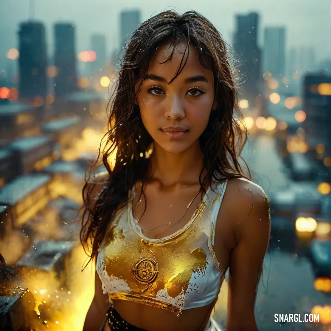 A stunning woman dressed in a shimmering gold and white top stands elegantly on a rooftop, rain cascading around her as the vibrant city skyline sparkles in the background under the night sky.