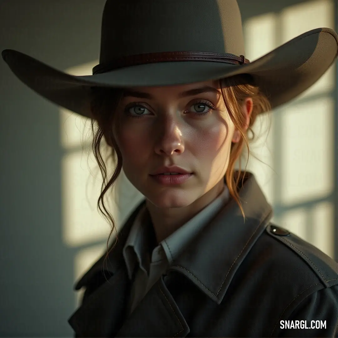 A woman in a stylish trench coat and a hat, standing in a room with soft lighting and a window in the background. The room's warm ambiance complements the muted tone of the coat, creating a sophisticated and timeless feel.