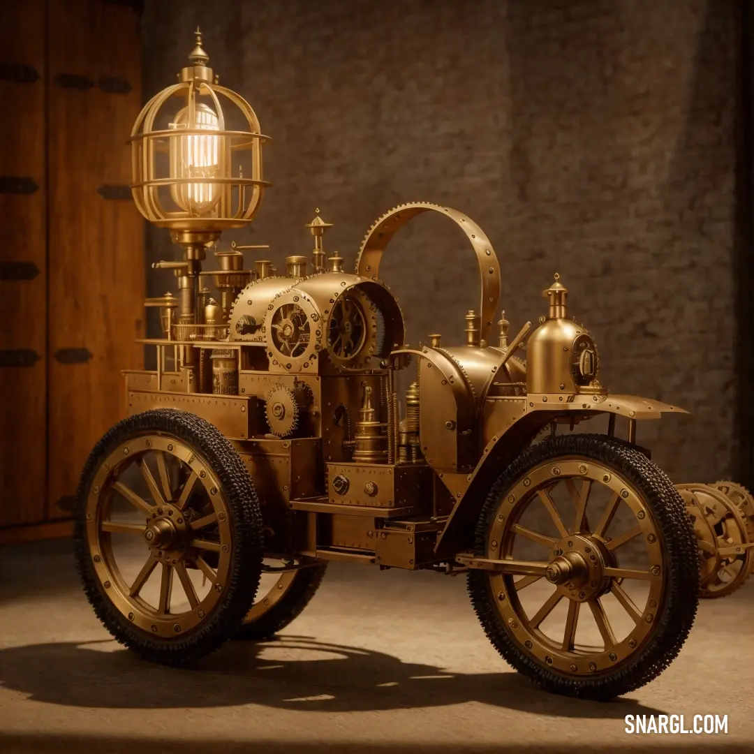 A wooden steam engine model delicately crafted with intricate details, topped with a soft light that highlights its vintage charm. The warm tones of PANTONE 617 bring a sense of nostalgia to the scene.