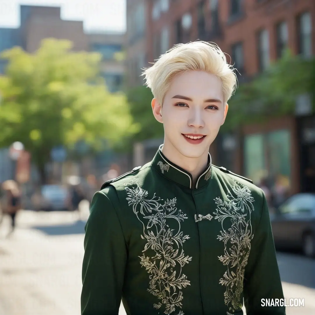 A cheerful woman with blonde hair, dressed in a striking green shirt, stands confidently at a bustling street corner adorned with charming buildings, embodying the spirit of urban life.