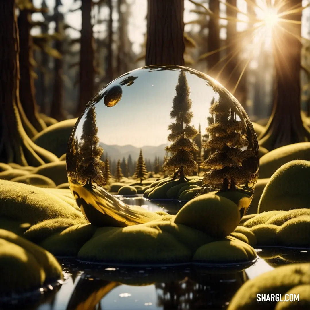 Crystal ball on top of a rock covered ground in a forest with trees and rocks around it. Color RGB 181,167,66.