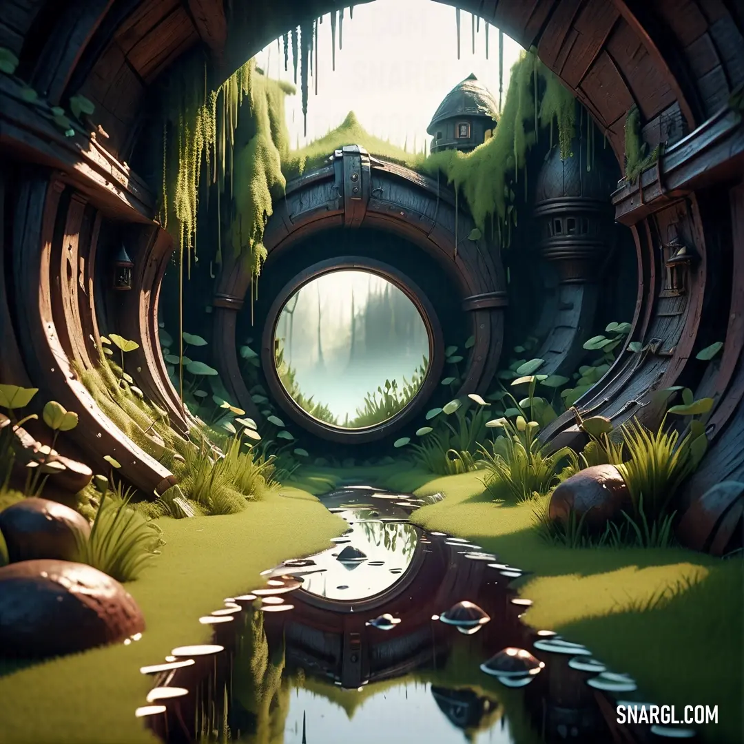 Futuristic looking tunnel with a river running through it and a bridge in the middle of the tunnel. Example of RGB 181,167,66 color.