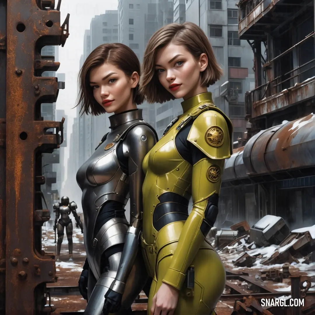 Two women in futuristic suits standing next to each other in a city setting with a large metal structure in the background